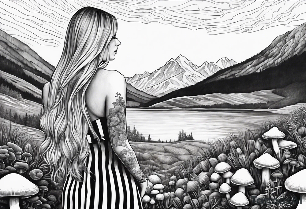 Straight long blonde hair girl holding mushrooms in hand facing away toward mountains surrounded by mushrooms black and white striped dress tattoo idea
