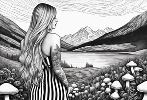 Straight long blonde hair girl holding mushrooms in hand facing away toward mountains surrounded by mushrooms black and white striped dress tattoo idea