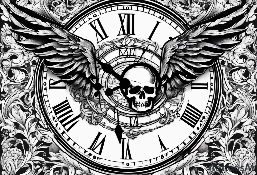 skeleton key wings clock leaves tattoo idea