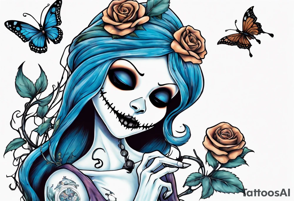 Nightmare before Christmas Sallyholding a flower. With a blue butterfly flying around her. tattoo idea