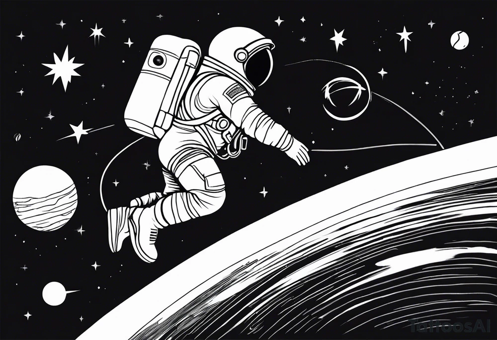 an astronaut hunched over in space from the back holding a planet in his hands tattoo idea
