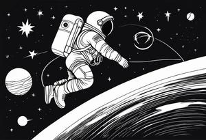 an astronaut hunched over in space from the back holding a planet in his hands tattoo idea