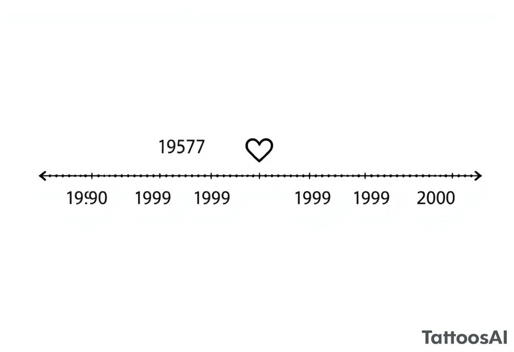 Alright, let's adapt this design to represent one parent and four kids in a timeline tattoo. Here's how we'll modify it:
Key Changes:
 * One Parent's Year: We'll use one year at the top, representing the parent.  We'll place a heart near it, just like in the example.
 * Four Children's Years: We'll include four birth years below, evenly spaced.
 * Initials (Optional): We can add the children's initials below their respective years for added personalization.
 * Spacing and Alignment: We'll ensure the spacing between the years is balanced and the alignment is clean.
Design Description:
 * Top Line: The parent's birth year (1957) will be at the top, centered.  A small heart will be placed either directly beside it or slightly above it.
 * Timeline Line: A faint, dotted line will extend horizontally from the parent's year, representing the timeline.
 * Children's Years: Four birth years (1980, 1989, 1998, 2000) will be placed below the dotted line, evenly spaced.
 * Initials (Optional): If desired, the children's initials (L, E, K, J) can be placed directly below their respective birth years.
 * Font: A simple, sans-serif font will be used for the numbers and initials, maintaining the clean and minimalist aesthetic.
 * Placement: The tattoo would work well on the forearm, running lengthwise, similar to the provided example.
Visualizing It:
Imagine it like this:
          1957 <3 
    .......................
    1980   1989   1998   2000
     L      E      K      J  (Optional)

How to Get This Tattoo:
 * Refine the Design: Decide on the exact placement of the heart, the font, and whether you want to include initials.
 * Consult a Tattoo Artist: Show the artist the reference image and explain the changes you want. They can help you finalize the design and ensure it will look great as a tattoo.
 * Consider Size and Placement: Discuss the size of the tattoo and the best placement on your body with the artist.
Let me know if you'd like any further adjustments or have any other questions! tattoo idea
