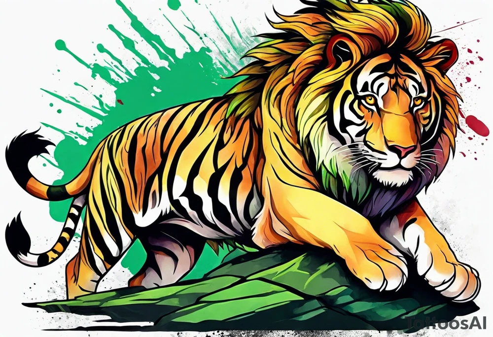 Lion and tiger with colors green, yellow, maroon and black tattoo idea