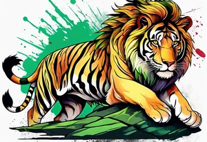 Lion and tiger with colors green, yellow, maroon and black tattoo idea