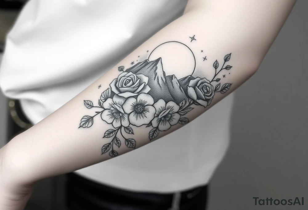 Roses wild flower vines with moon and stars mountains wrap around arm forest tattoo idea