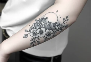 Roses wild flower vines with moon and stars mountains wrap around arm forest tattoo idea