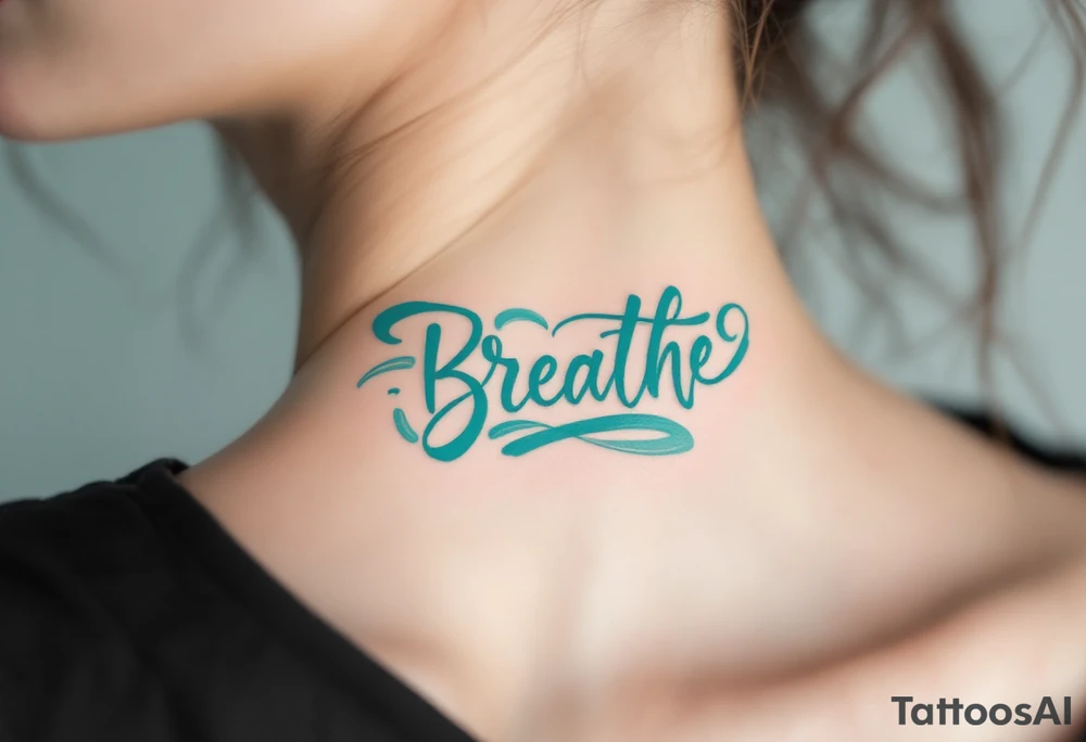 “Breathe” in soft teal brushstroke style, surrounded by minimalist wind lines in light gray. tattoo idea