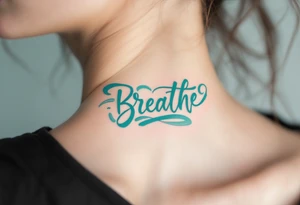 “Breathe” in soft teal brushstroke style, surrounded by minimalist wind lines in light gray. tattoo idea