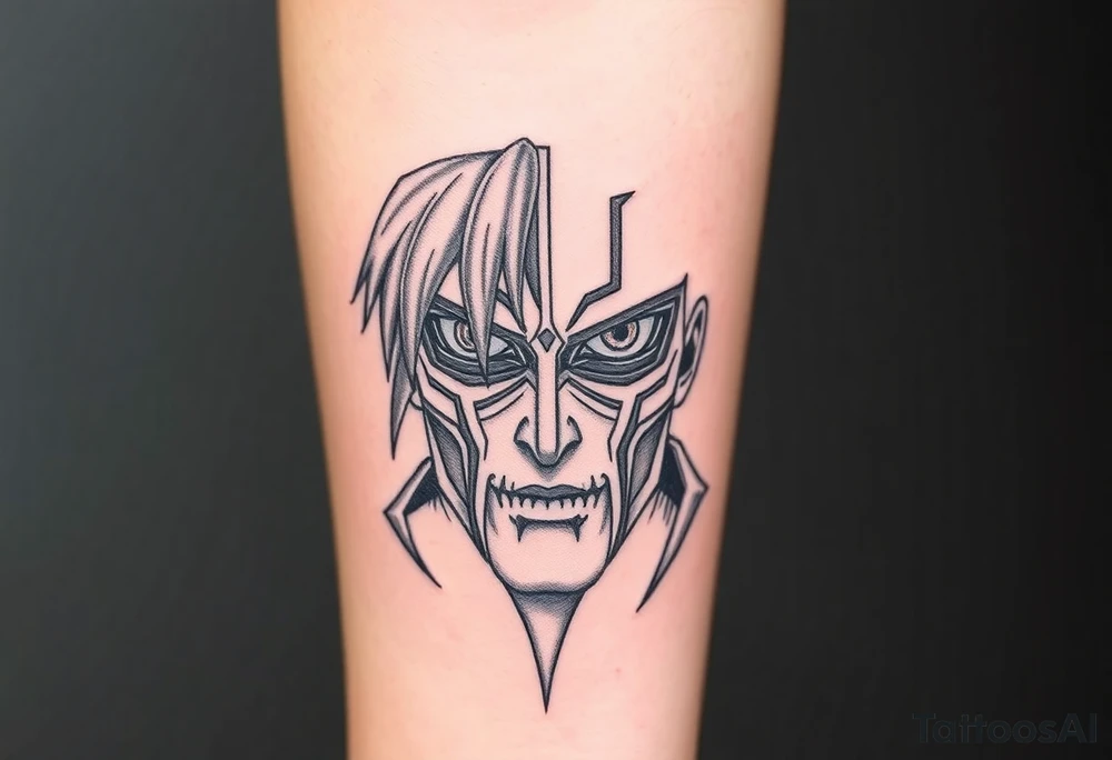 Face of eren jaeger after transforming from titan, with titan marks on his eyes tattoo idea