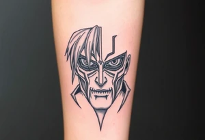 Face of eren jaeger after transforming from titan, with titan marks on his eyes tattoo idea