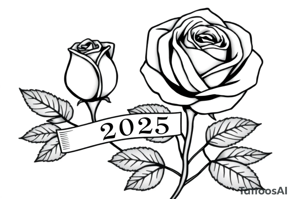 two beautiful large rose buds, one larger than the other, with many leaves next to the rose buds, with one sitting higher than the other. Include a banner connecting the two roses with the year 2025 on it.   Use dark outlines with little shading. The two stems should be short, not long, and connect and join into one stem, whimsically curved or twisted - not straight down. tattoo idea