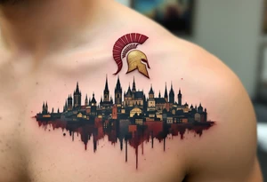 An abstract Prague city skyline in silhouette with the Sparta crest rising above in gold and maroon. tattoo idea