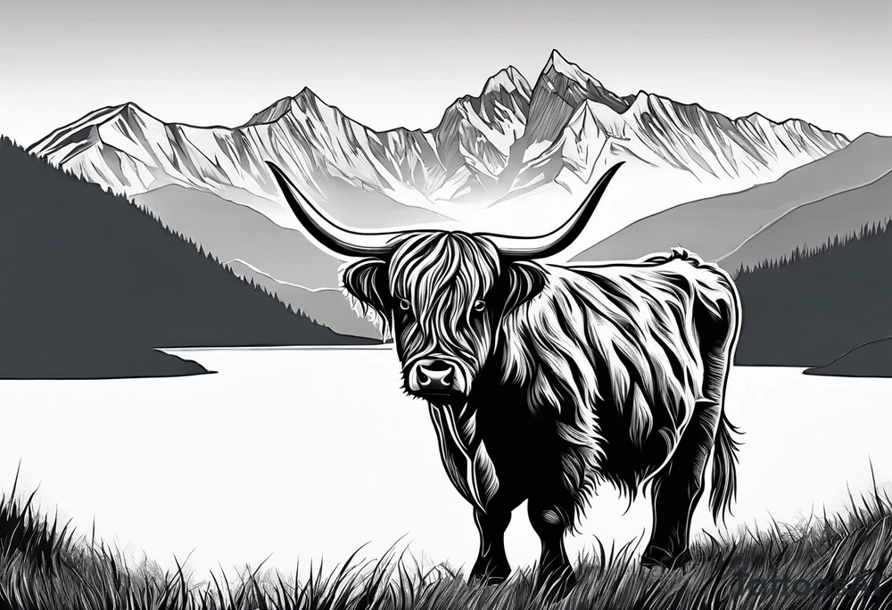 Highland cow with mountains tattoo idea