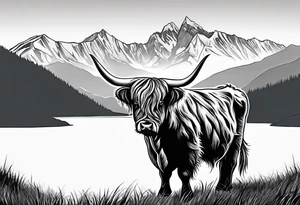 Highland cow with mountains tattoo idea