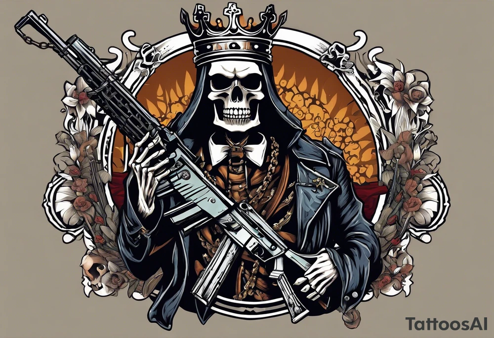 image of a skeleton standing frontally with a crown on his head, holding an AK-47 on his shoulder with his right hand. The chain on the left should be taut, there are three angry barking Dobermans in it, near the waist tattoo idea