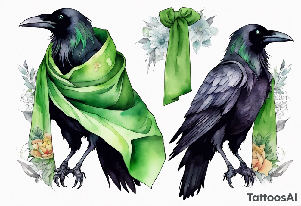 a raven wearing a green scarf tattoo idea