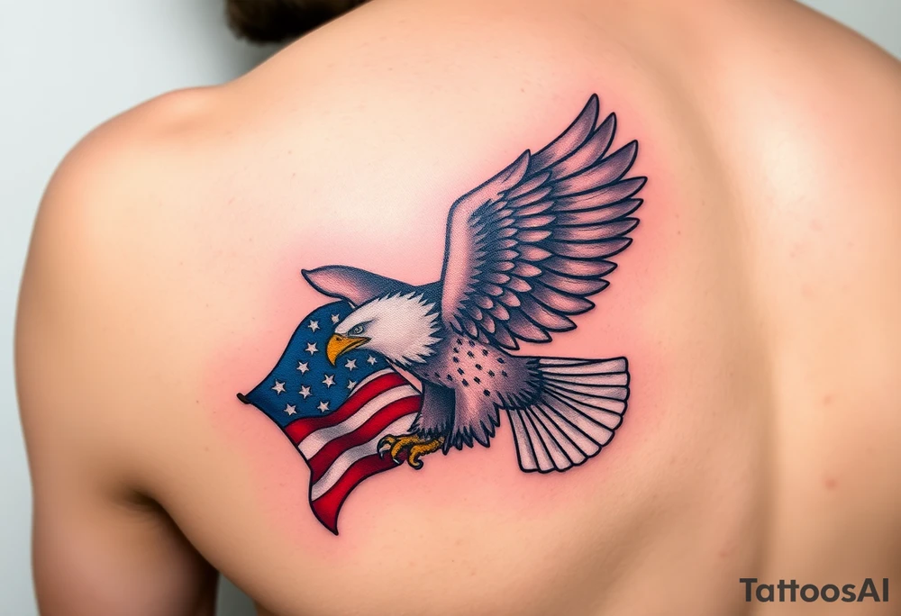 A bold American eagle clutching a tattered US flag in its talons, with vibrant red, white, and blue details tattoo idea