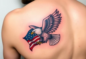 A bold American eagle clutching a tattered US flag in its talons, with vibrant red, white, and blue details tattoo idea