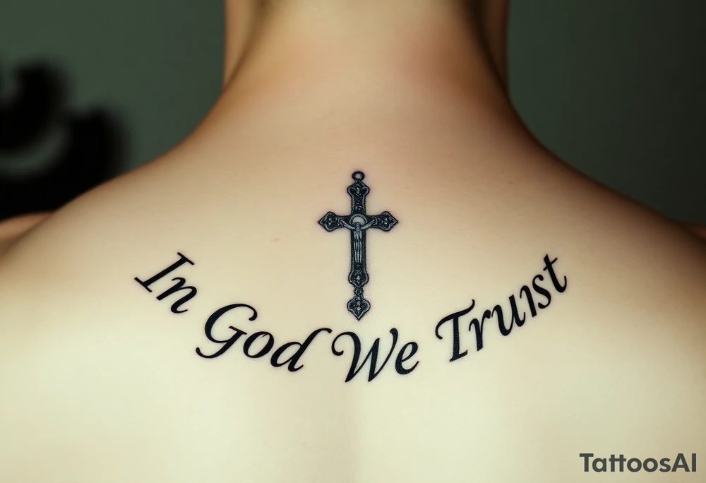 Necklace Rosary surrounded by the words "In God We Trust" tattoo idea