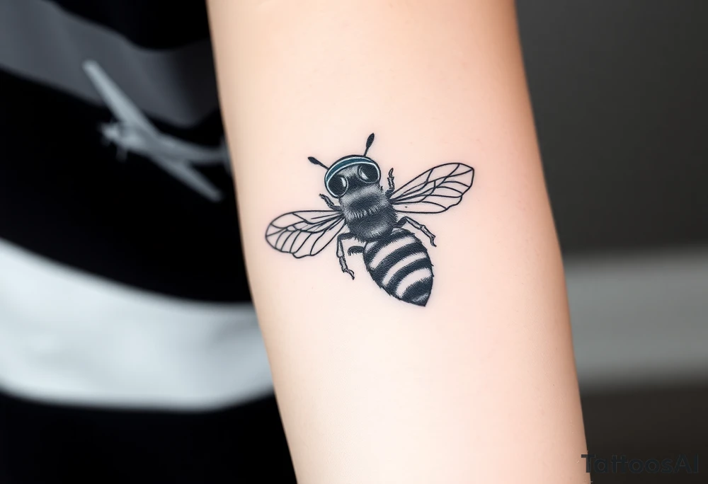 bee with a pilots hat flying next to a jet plane tattoo idea