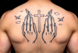 Praying hands , hope faith love , cross , birds , clouds , god strongest child tattoo idea