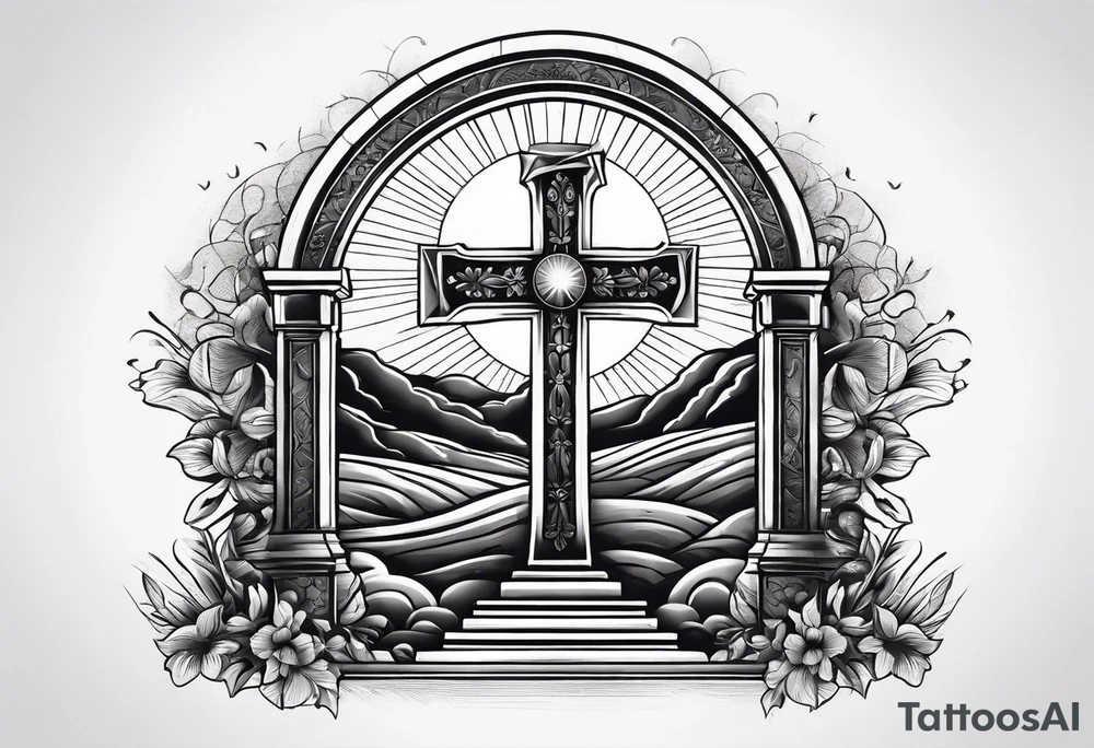 Tomb with cross and sun in the background tattoo idea