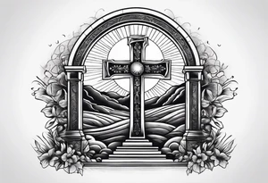Tomb with cross and sun in the background tattoo idea