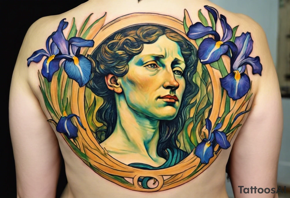 Create a colorful Vincent van Gogh Irises tattoo with an ancient Greek female statue in the middle. The tattoo should take the form of a crescent, with vines gracefully intertwining at a central point in the middle of the wreath.  The intended placement is on the upper chest. The overall design should be small in size while maintaining a delicate and artistic aesthetic. Pay attention to the graceful flow of the vines and the placement of the irises to achieve a refined and elegant look. tattoo idea