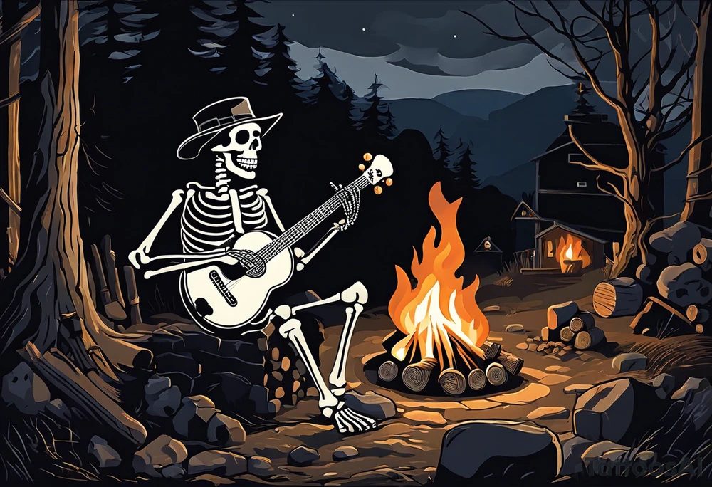 Foreground: The skeleton in a coal miner's hat, animatedly playing the banjo. The light from the campfire illuminates the skeleton and the nearby surroundings, casting intricate shadows.
Midground: The glowing campfire, with flames realistically designed in black and grey shades to emphasize movement and light.
Background: Subtle outlines and shading of rhododendron plants, giving a natural and dense feel to the woods. These can be stylized to blend seamlessly with the style of the tattoo.
Sky: A night sky speckled with stars, adding depth and a sense of time to the scene, with the stars providing a contrast against the dark sky. tattoo idea