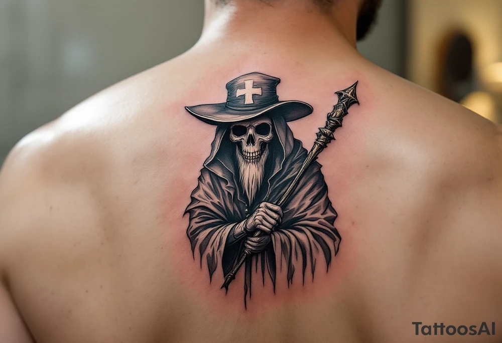 Plague doctor holding a staff tattoo idea