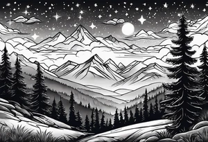 Lighter shaded night sky with stars.  Night sky fading at edges 

Mountains 

Trees with snow on them tattoo idea