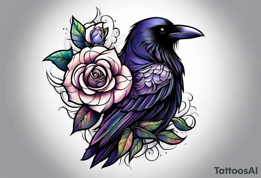 Raven looking back over shoulder with a rose underneath it tattoo idea