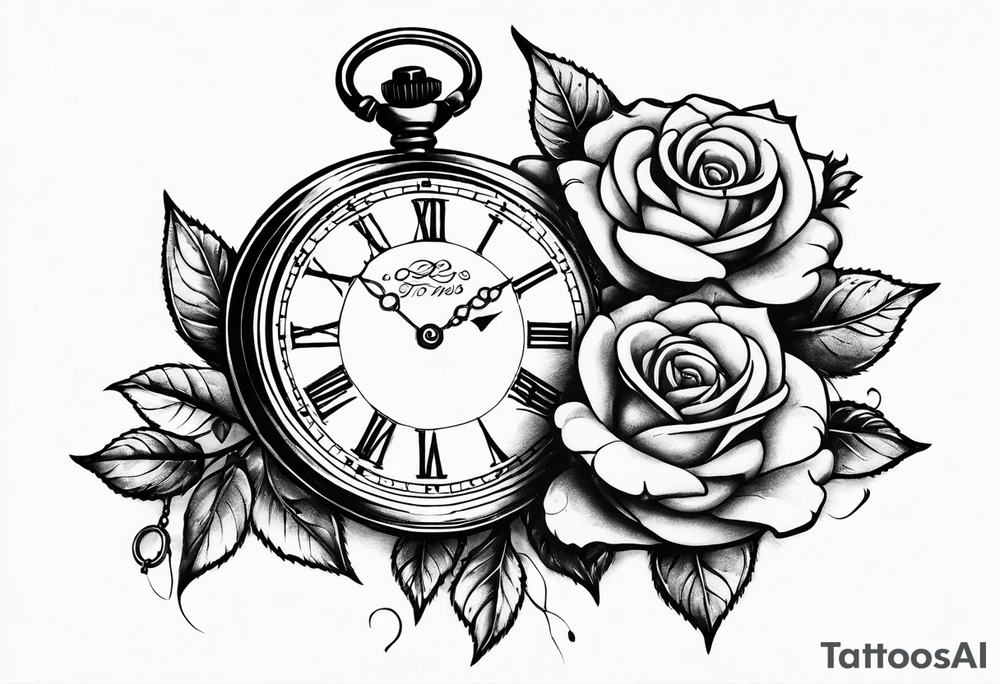Pocket watch with chain and roses tattoo idea