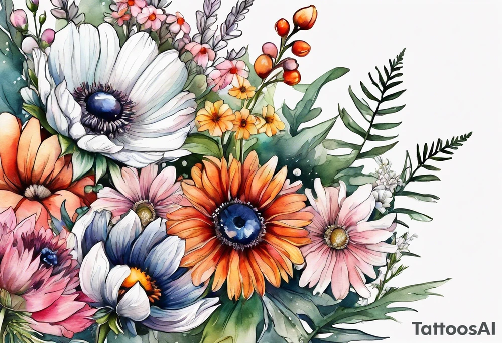 wildflowers cascading with thistles, ferns, white anemones, sun flowers, orange flowers, pink flowers, red flowers, babys breath and daisies all in watercolor tattoo idea