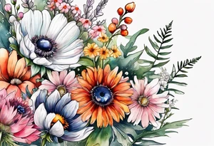 wildflowers cascading with thistles, ferns, white anemones, sun flowers, orange flowers, pink flowers, red flowers, babys breath and daisies all in watercolor tattoo idea