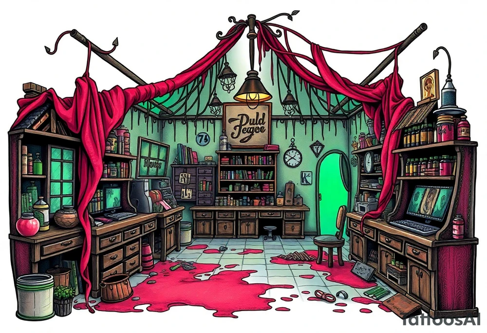 Tim Burton’s hobby shop is abandoned and dripping with muted reds, dusty pinks, and eerie green glow. tattoo idea tattoo idea