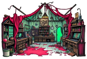 Tim Burton’s hobby shop is abandoned and dripping with muted reds, dusty pinks, and eerie green glow. tattoo idea tattoo idea