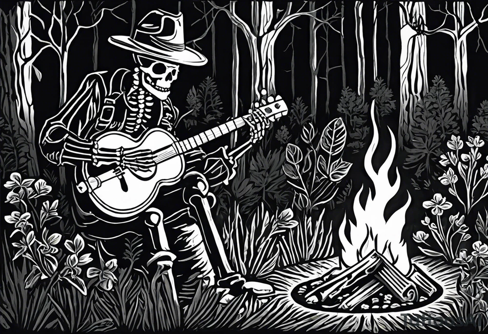 Foreground: The skeleton in a coal miner's hat, animatedly playing the banjo. The light from the campfire illuminates the skeleton and the nearby surroundings, casting intricate shadows.
Midground: The glowing campfire, with flames realistically designed in black and grey shades to emphasize movement and light.
Background: Subtle outlines and shading of rhododendron plants, giving a natural and dense feel to the woods. These can be stylized to blend seamlessly with the style of the tattoo.
Sky: A night sky speckled with stars, adding depth and a sense of time to the scene, with the stars providing a contrast against the dark sky. tattoo idea