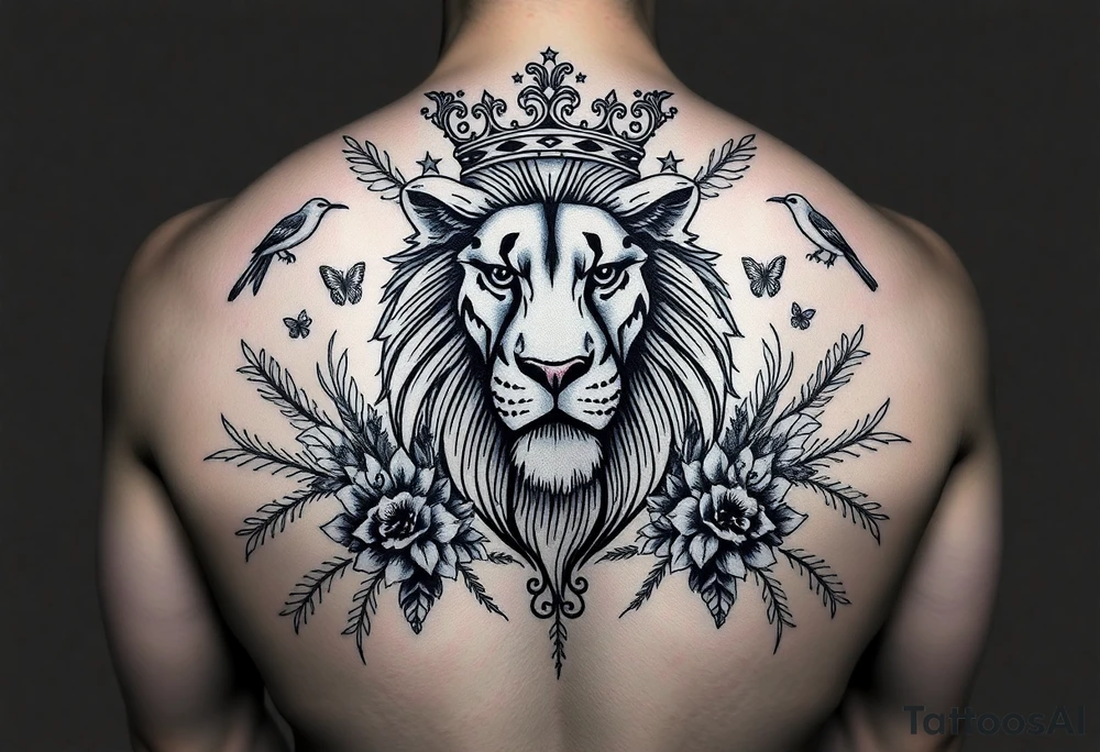 powerful majestic lion with a crown, surrounded by floral ornaments and birds tattoo idea