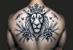 powerful majestic lion with a crown, surrounded by floral ornaments and birds tattoo idea