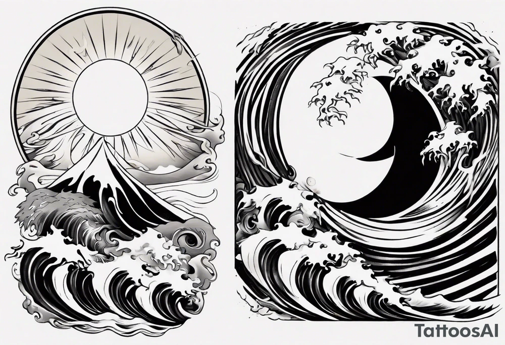 yin yang with sun and moon over ocean wave and mountains tattoo idea