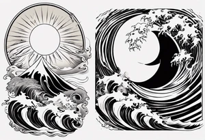 yin yang with sun and moon over ocean wave and mountains tattoo idea