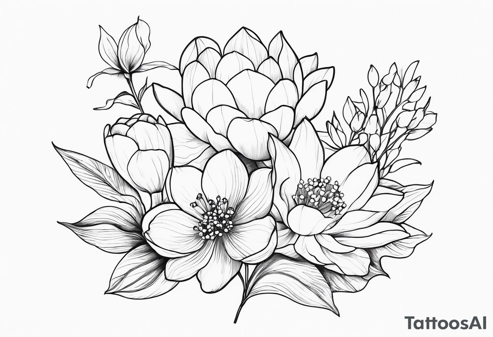 Thin line small lotus dogwood lily of the valley and peony wildflower bouquet tattoo idea