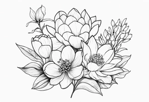 Thin line small lotus dogwood lily of the valley and peony wildflower bouquet tattoo idea