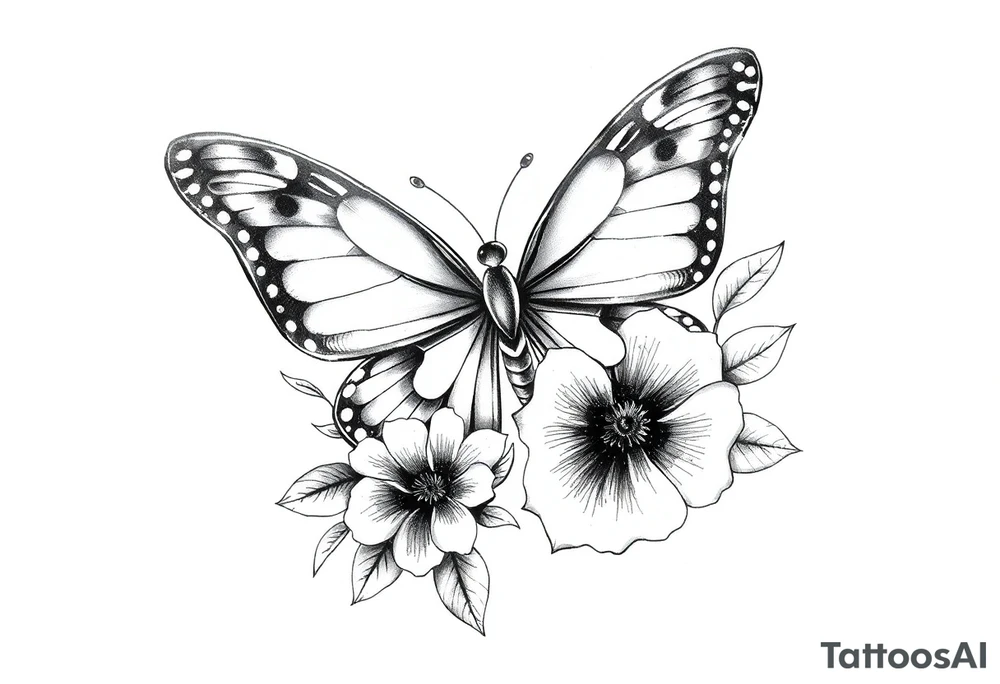 blackink work and shading butterfly with flowers tattoo idea