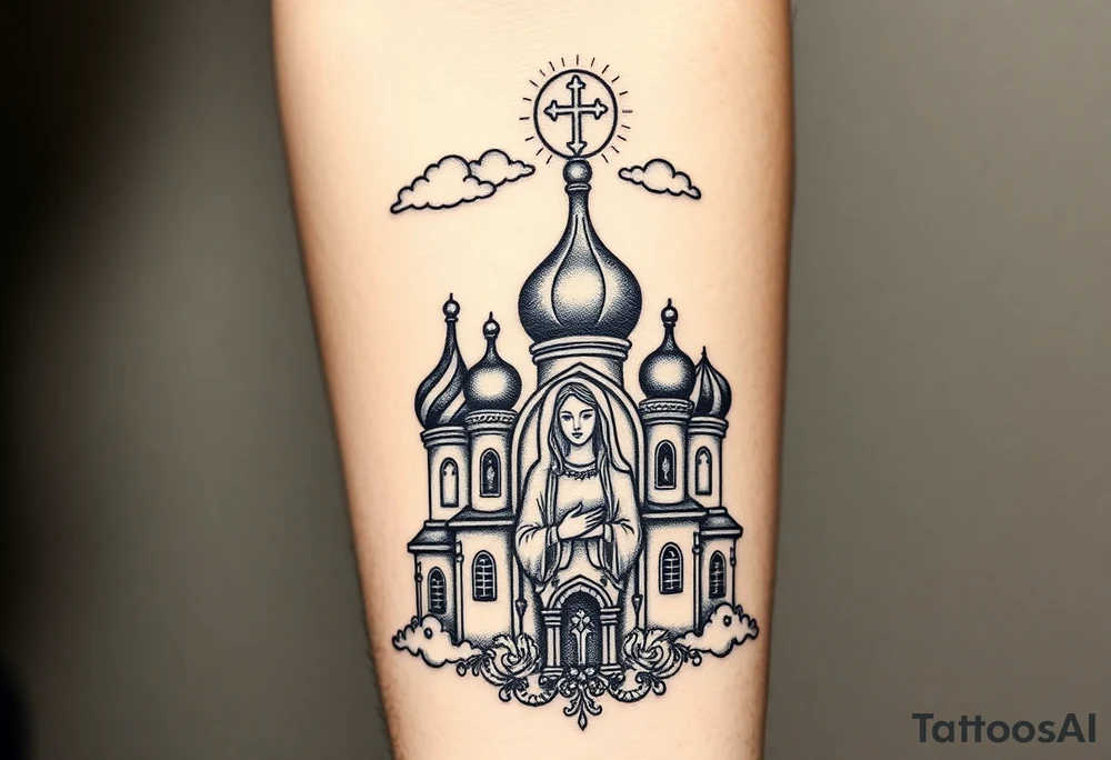 Russian Orthodox church with orthodox spire crosses, with clouds above it and a virgin mary seperately looking over hands on heart sat above tattoo idea