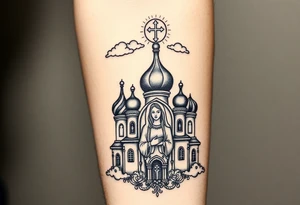 Russian Orthodox church with orthodox spire crosses, with clouds above it and a virgin mary seperately looking over hands on heart sat above tattoo idea
