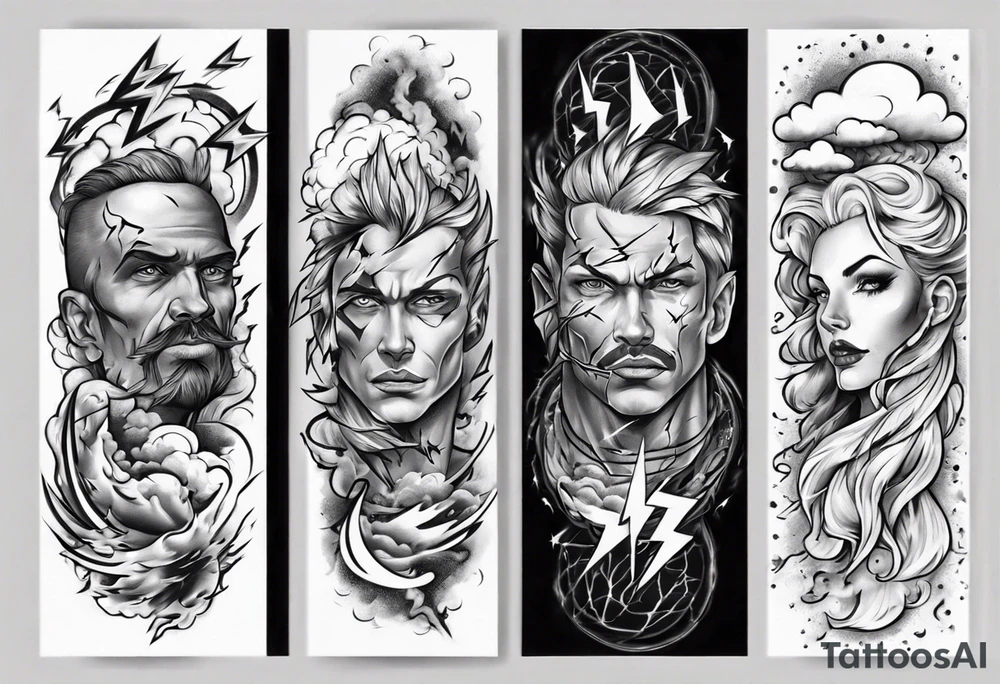 forearm sleeve lightning and clouds pattern tattoo idea