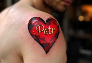 A bold red heart tattoo with the name "Petr" inside, shaded with black and outlined in gold, symbolizing passionate love. tattoo idea